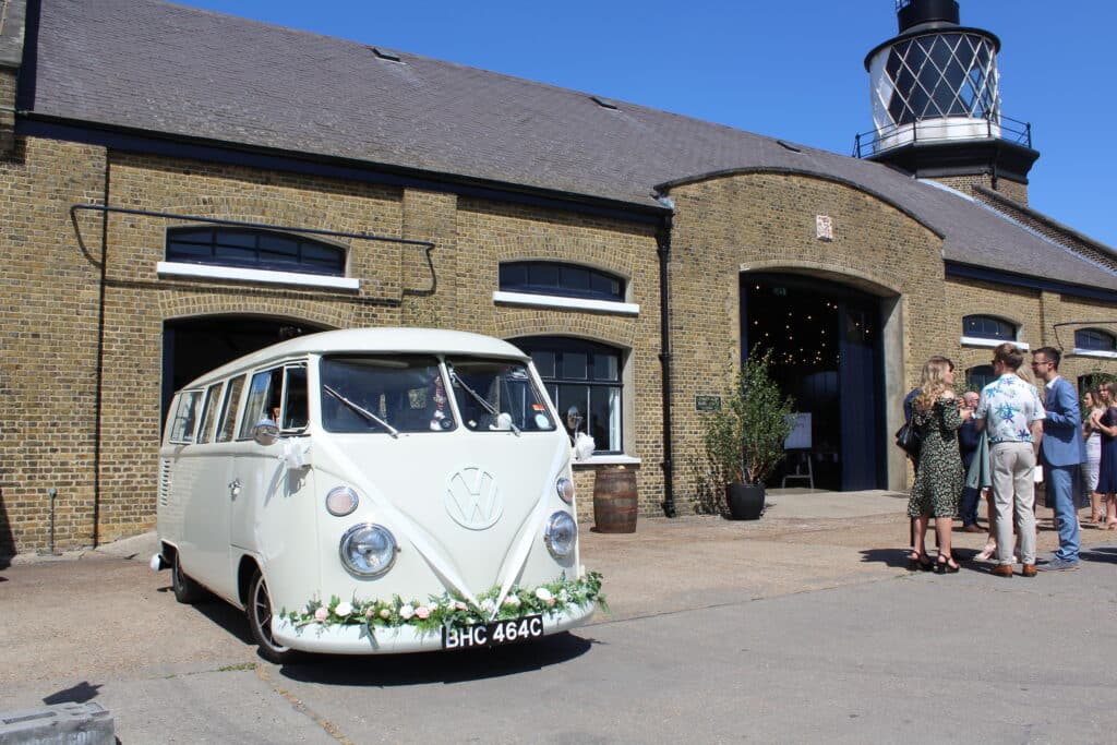 vintage vw car pictured at Trinity Buoy Wharf next to the Thames