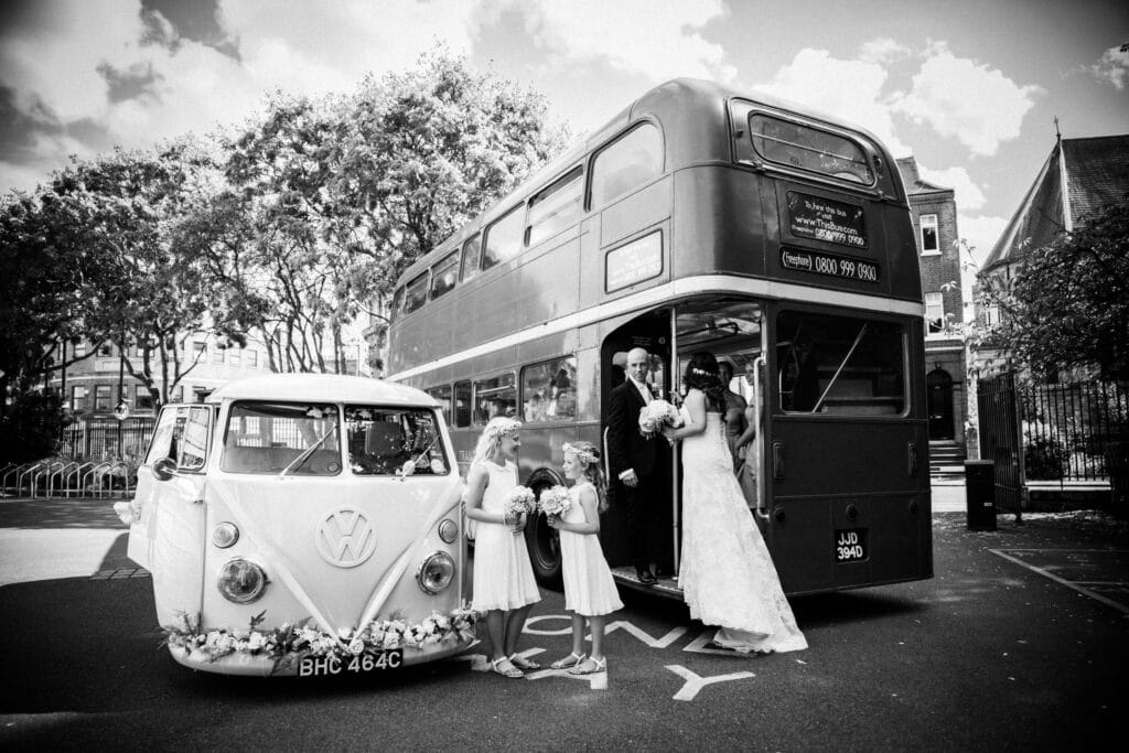 vw wedding car and london bus