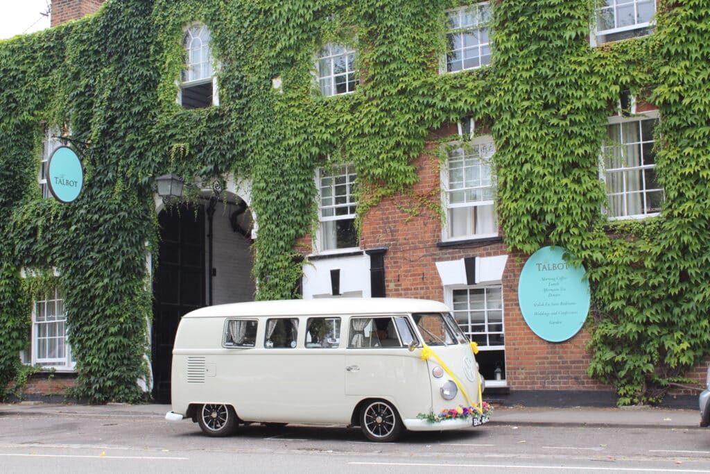 Vintage wedding car outside a Surrey wedding venue