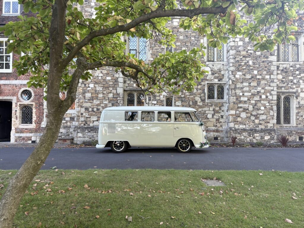 Vintage VW campervan wedding car at a Kent wedding venue.