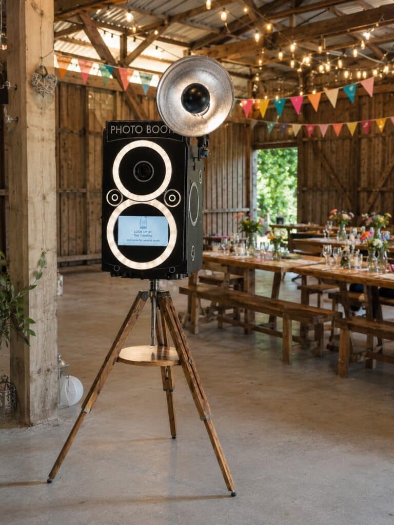 Vintage camera-style photo booth for a Surrey wedding