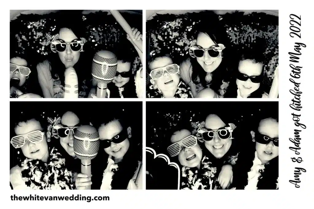 Campervan photo booth wedding print strip with guests and props