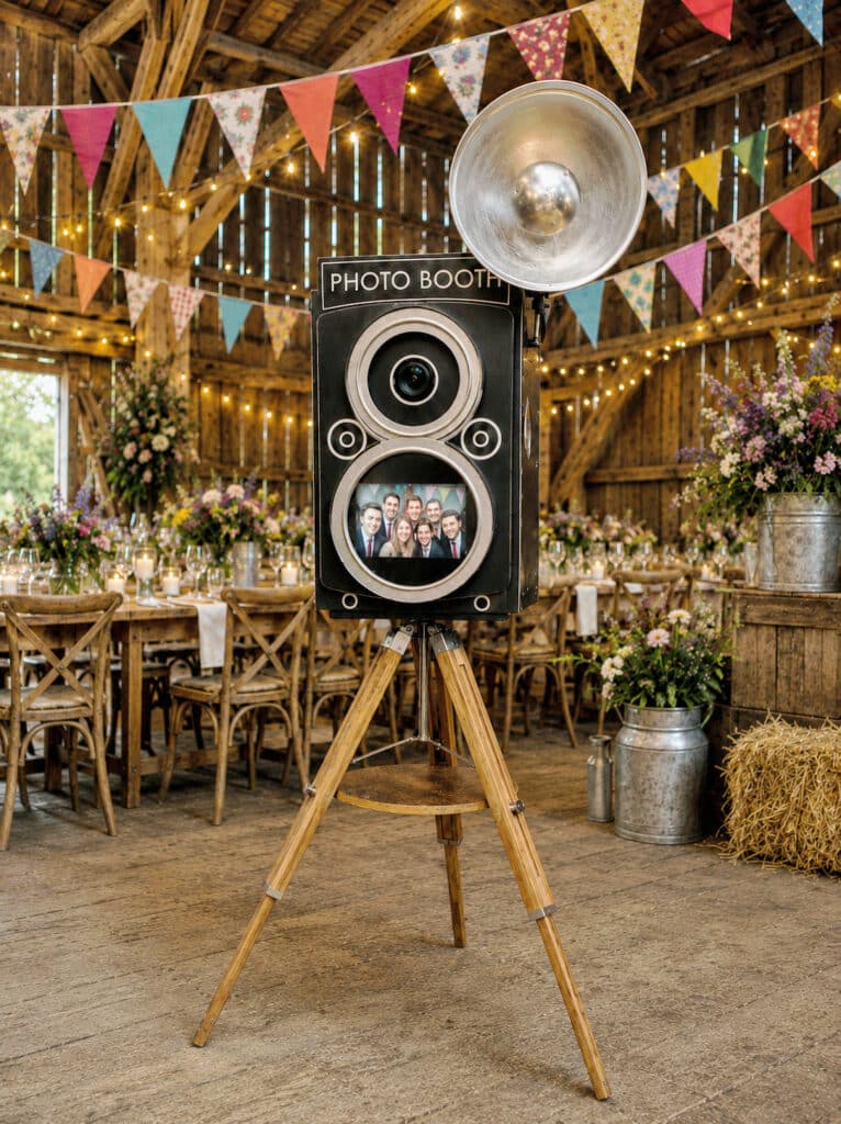 Vintage camera photo booth in a colourful barn wedding setting