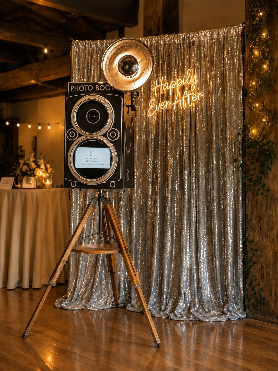 Vintage camera photo booth at a wedding with silver sequin backdrop