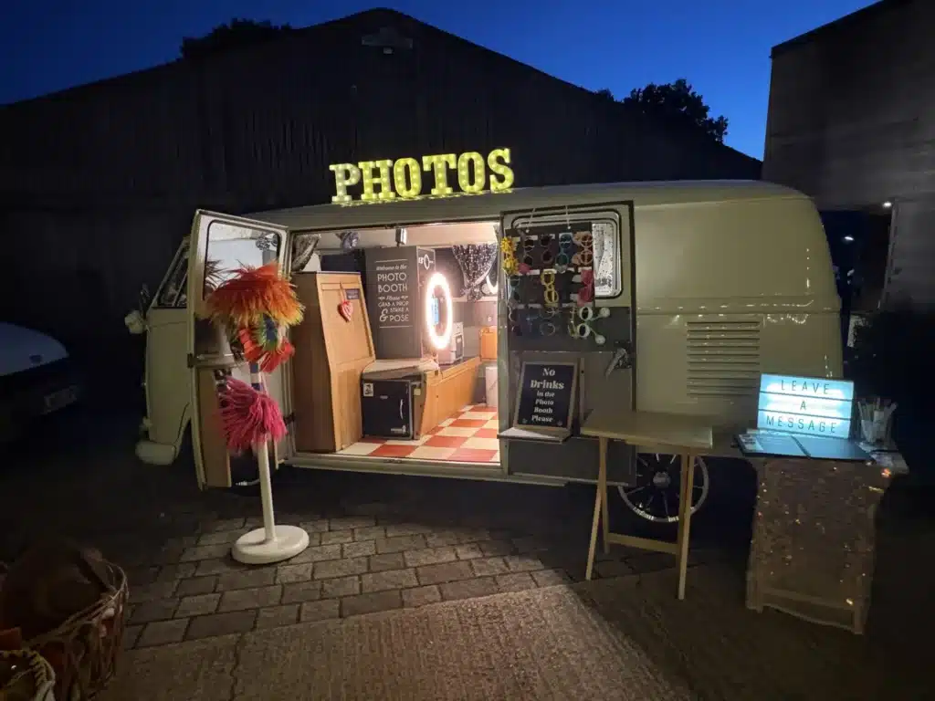 VW campervan photo booth hire set up for an evening wedding