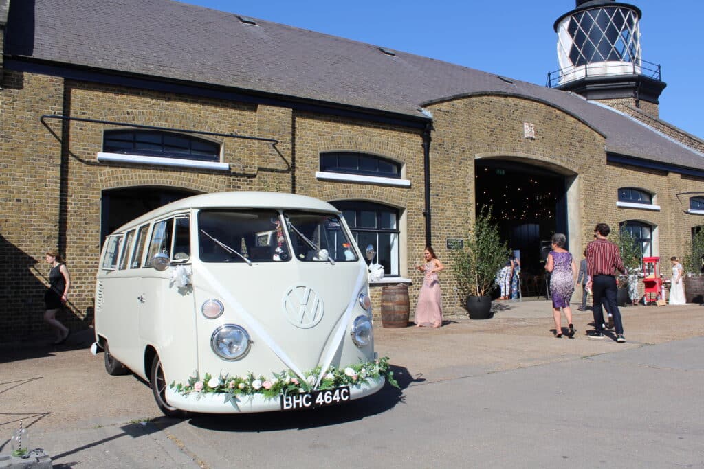 Vintage VW wedding car at Trinity Buoy Wharf in London