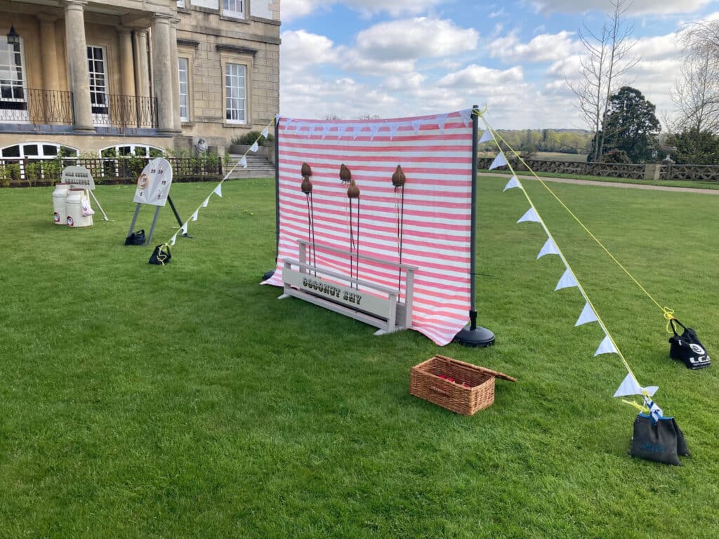 Vintage wedding games set up on the lawn at Buxted Park Hotel in East Sussex